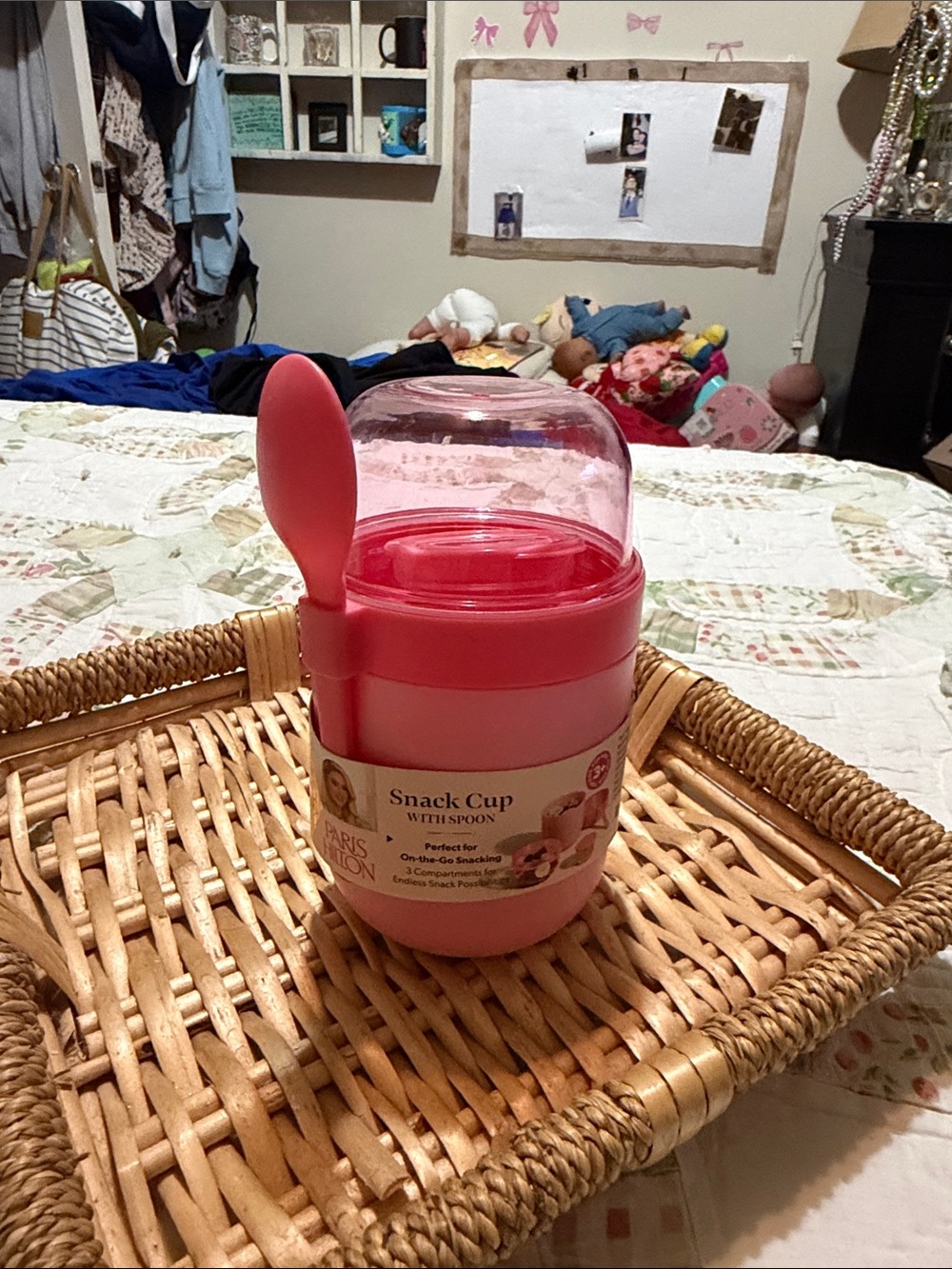 Paris Hilton Pink Snack Cup with Spoon and Clear Lid